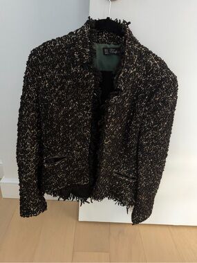 Zara Black Bouclé Fringe Open-Front Blazer with Cream Flecks